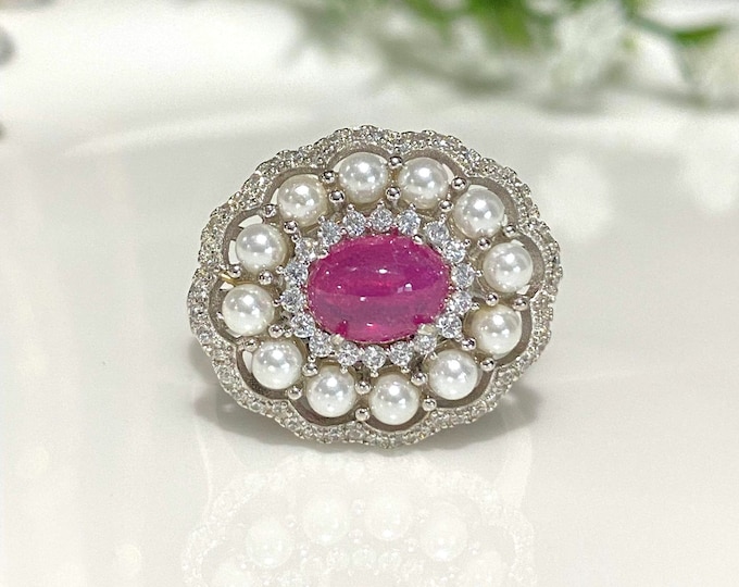 Vintage Sterling Silver Natural Ruby, Pearl & White Topaz Ring Size 9