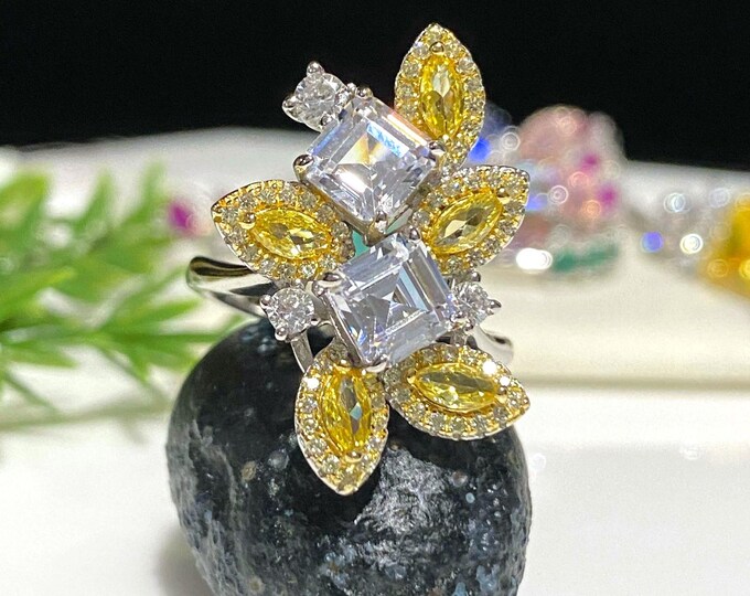 Vintage Sterling Silver White Sapphire & Citrine Ring Size 8