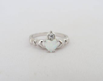 Vintage Claddagh Sterling Silver White Opal & White Topaz Ring Size 6