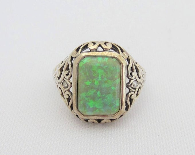 Vintage Sterling Silver Green Opal & Seed Pearl Filigree Ring Size 7