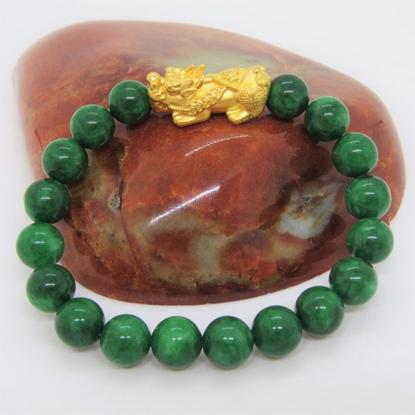 Vintage 24K 999 Pure Gold 3D Pixiu with Green Jadeite Jade Bead Bracelet 10MM