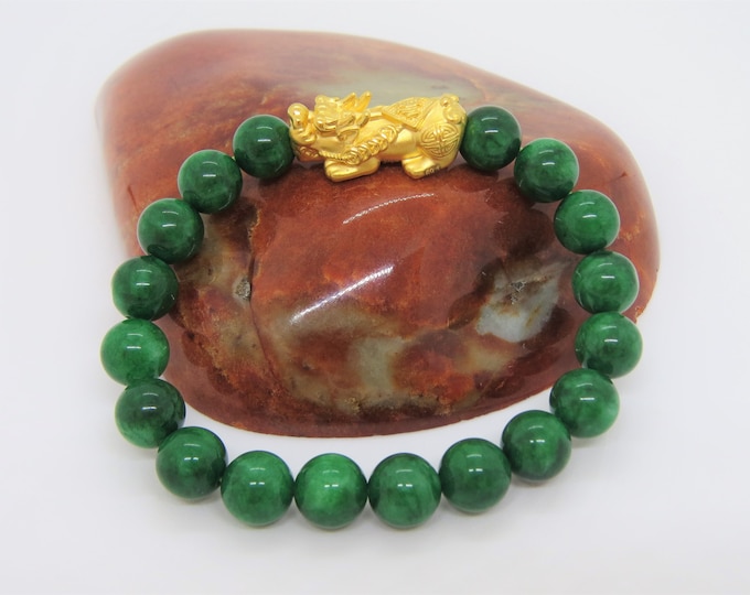 Vintage 24K 999 Pure Gold 3D Pixiu with Green Jadeite Jade Bead Bracelet 10MM