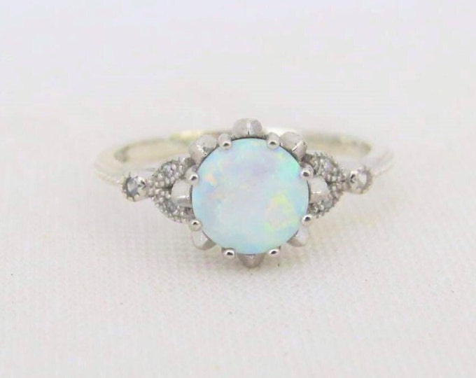 Vintage Sterling Silver White Opal & White Topaz Ring Size 9