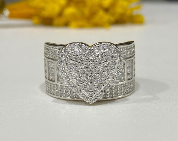 Sterling Silver Heart White Topaz Dome Ring Size 8