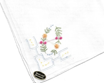 1 handkerchief 100% organic cotton hand embroidered with flower wreath