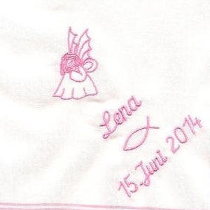 1 pañuelo bautizo, pez, ángel, nombre, fecha, rosa