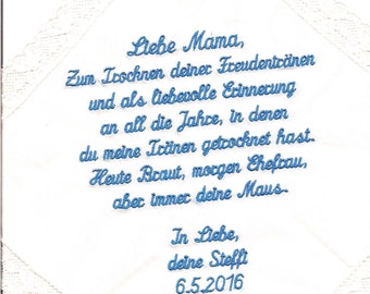 Taschentuch Spitze Text,Hochzeit Stickerei in jeder  Farbe