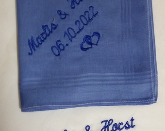 2 x handkerchief blue white hearts and text embroidered