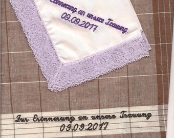 2 x handkerchief 2 lines embroidered name, date hearts