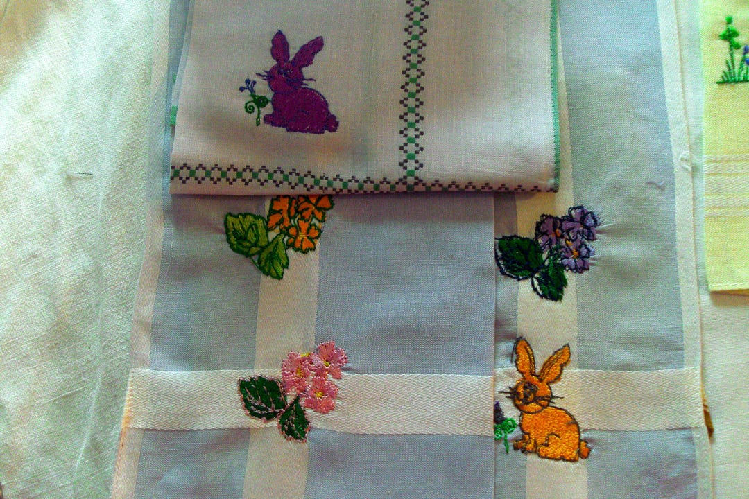 Handkerchief Embroidered With Rabbit and Flowers or Heart, Eggs Chicken ...