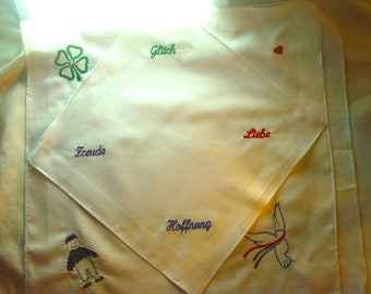 Handkerchief four corners embroidered, lucky cloth, joy, hope, love, hearts