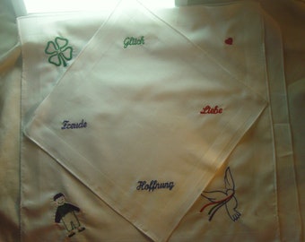 Handkerchief embroidered with happiness, joy, love and hope