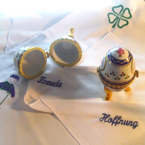 2 x porcelain eggs embroidered handkerchief image 1