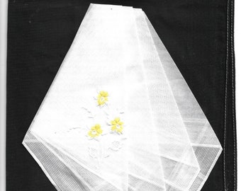 1 handkerchief 100% cotton Batist fine approx 32 cm was embroidered by hand with a floral motif violet in white and yellow