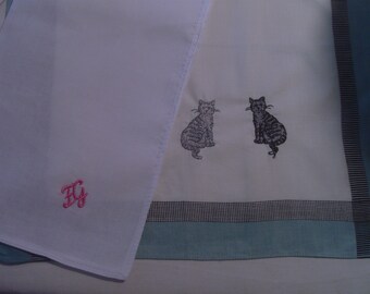 8 x handkerchief 2 letters, monogram embroidered cat, dog