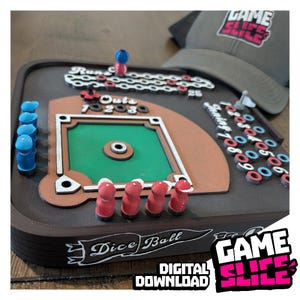 May include: A brown, green, and tan baseball-themed board game titled Dice Ball with red and blue player pegs, score tracking sections for runs, outs, and innings, and a grey baseball cap with a Game Slice logo in the background.