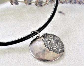 Crescent Moon Silver Disk Pendant, Eco Friendly Unisex Leather Necklace, Boho Gypsy Hippie Jewelry, OOAK Artisan Handmade, Free Shipping