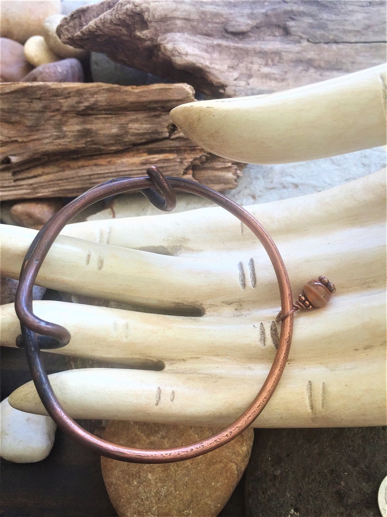 Heavy Copper Adjustable Bangle with Banded Agate Charm Always Free Shipping in US Boho Unisex Bracelet