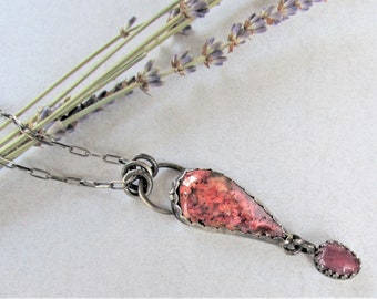 Pink Feather Ridge Plume Agate and Faceted Ruby in Sterling Silver Pendant Necklace, Boho Gypsy Hippie, OOAK Artisan Handmade, Free Shipping