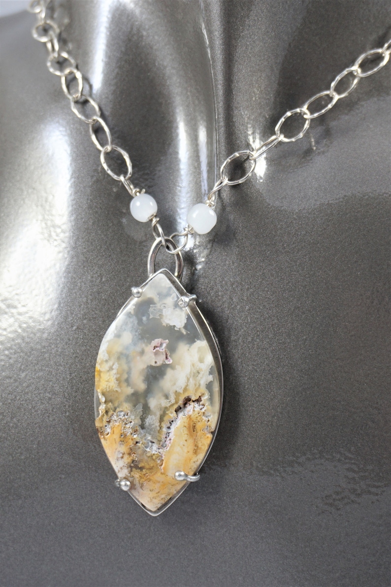 Statement Gemstone Necklace Bohemian Gypsy Jewelry OOAK Artisan Handmade Plume Agate in Sterling Silver Pendant Necklace Free Shipping