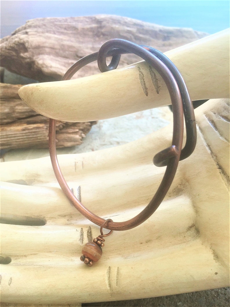 Heavy Copper Adjustable Bangle with Banded Agate Charm Always Free Shipping in US Boho Unisex Bracelet
