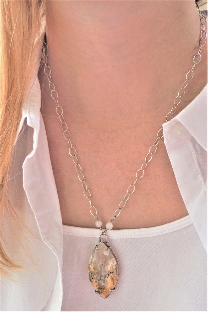 Statement Gemstone Necklace Bohemian Gypsy Jewelry OOAK Artisan Handmade Plume Agate in Sterling Silver Pendant Necklace Free Shipping