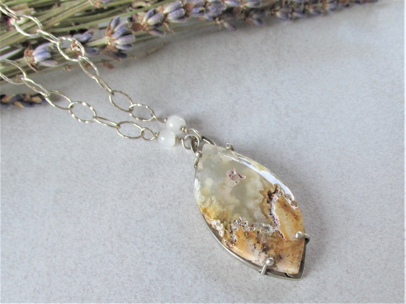 Statement Gemstone Necklace Bohemian Gypsy Jewelry OOAK Artisan Handmade Plume Agate in Sterling Silver Pendant Necklace Free Shipping