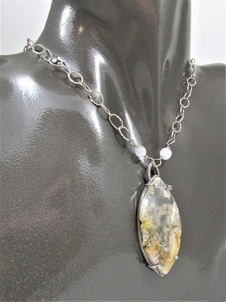 Statement Gemstone Necklace Bohemian Gypsy Jewelry OOAK Artisan Handmade Plume Agate in Sterling Silver Pendant Necklace Free Shipping