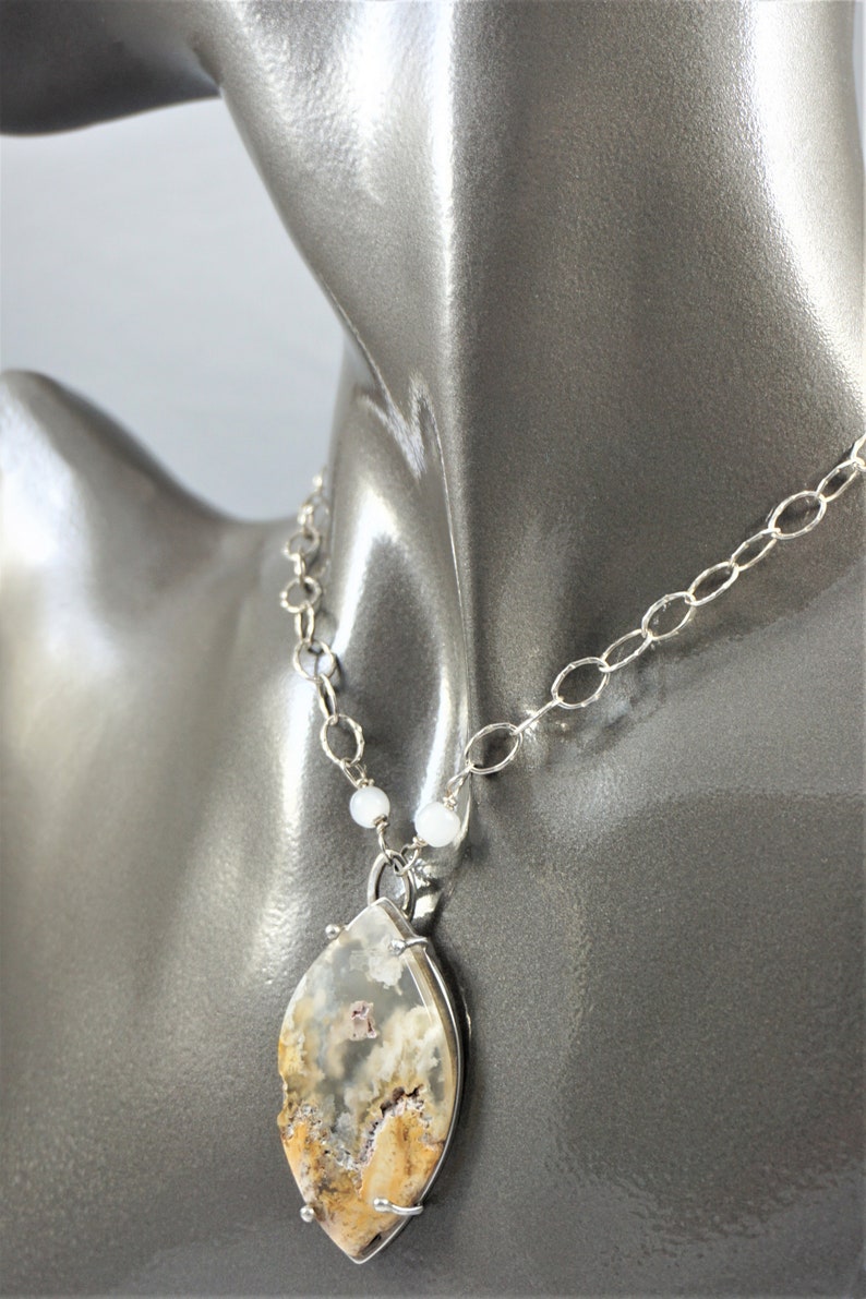 Statement Gemstone Necklace Bohemian Gypsy Jewelry OOAK Artisan Handmade Plume Agate in Sterling Silver Pendant Necklace Free Shipping
