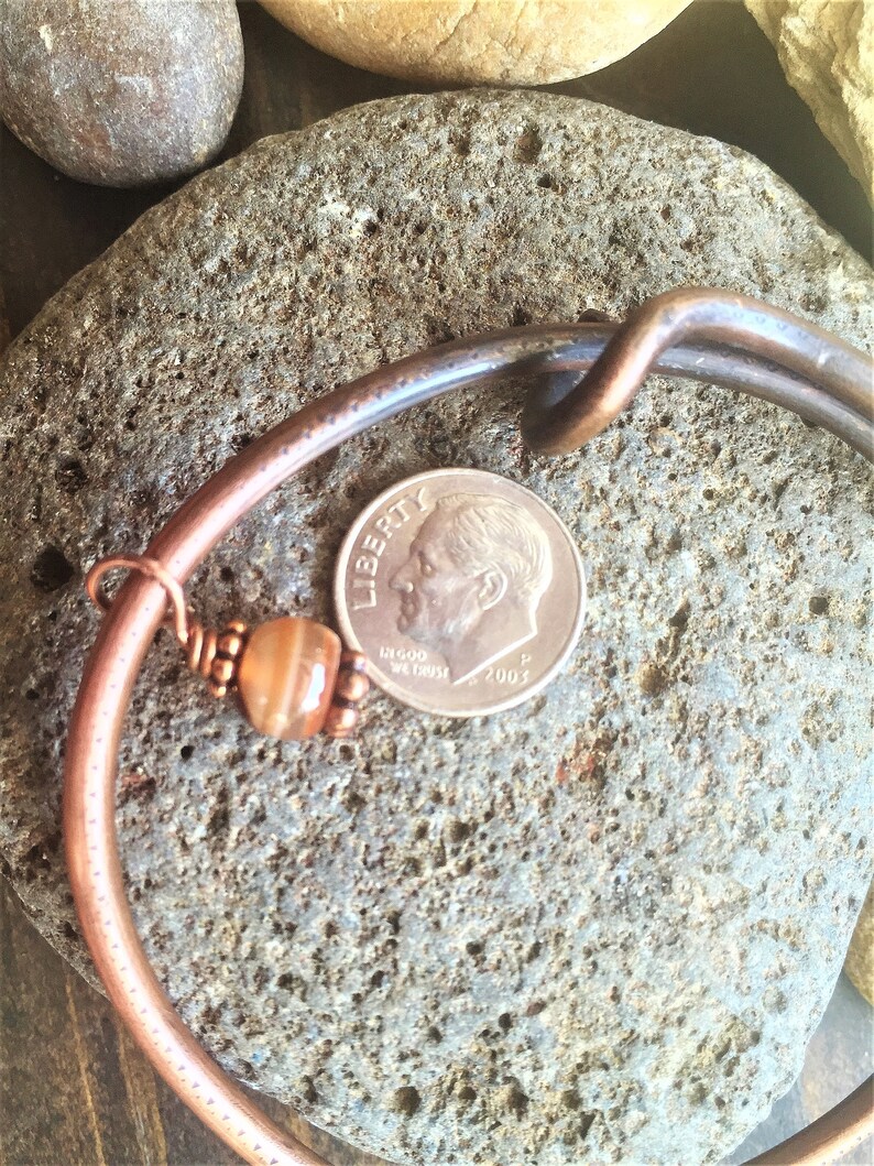 Heavy Copper Adjustable Bangle with Banded Agate Charm Always Free Shipping in US Boho Unisex Bracelet