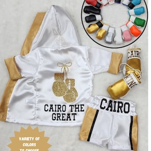 TRI Color Baby Boxer Outfit Complete Set. Personalized Newborn Boxing Gloves, Boxing Robe, Boxing Shorts, Boxing Trunks zdjęcie 1