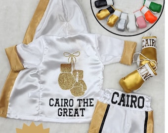 TRI Color - Baby Boxer Outfit Complete Set. Personalized Newborn Boxing Gloves, Boxing Robe, Boxing Shorts, Boxing Trunks