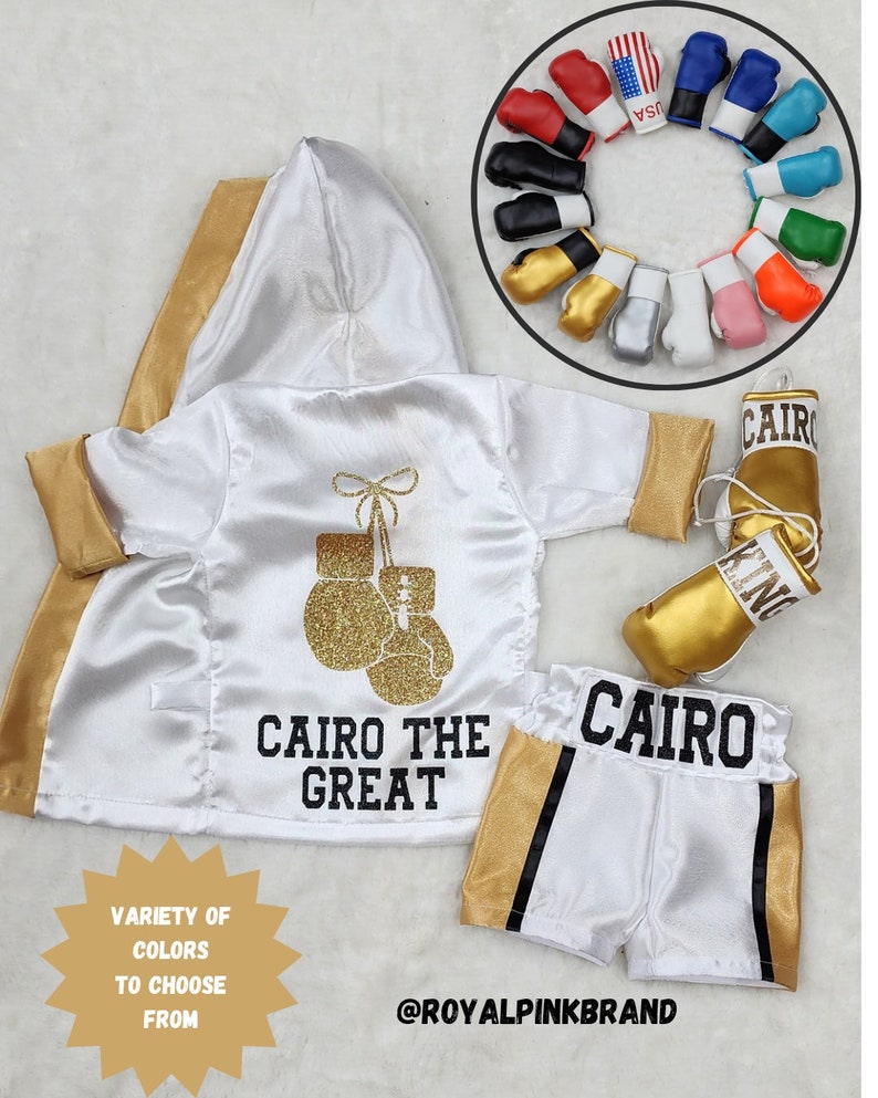 TRI Color Baby Boxer Outfit Complete Set. Personalized Newborn Boxing Gloves, Boxing Robe, Boxing Shorts, Boxing Trunks image 1