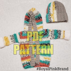 May include: A crochet pattern for a hooded sweater and hat set. The sweater is striped in shades of teal, coral, cream, yellow, and gray. The hat is striped in gray, cream, and yellow. The pattern is available as a PDF download. #RoyalPinkBrand