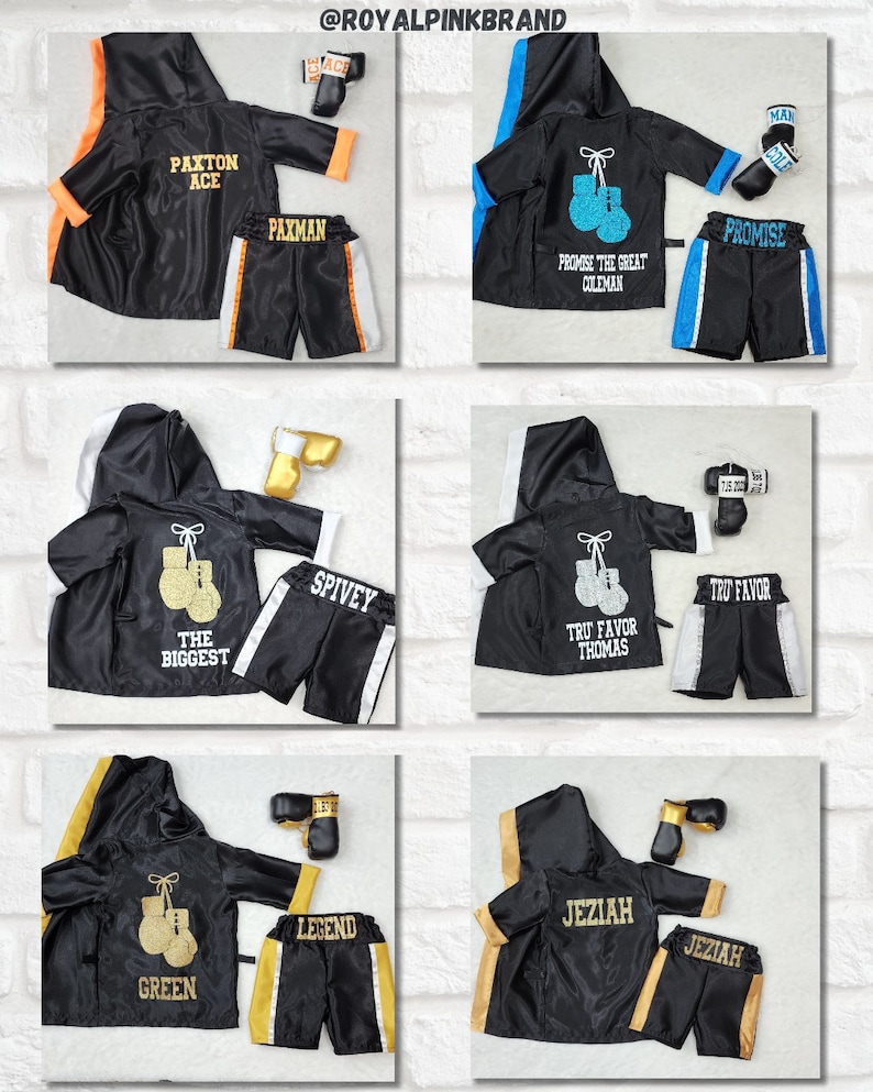 TRI Color Baby Boxer Outfit Complete Set. Personalized Newborn Boxing Gloves, Boxing Robe, Boxing Shorts, Boxing Trunks Black/ Gold trim