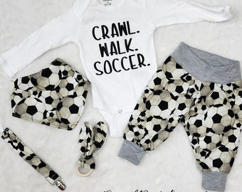 Soccer Baby Outfit, Crawl, Walk, Soccer- soccer bib, newborn outfit, custom baby outfit, welcome home outfit, nursery decor, newborn photos