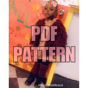 May include: A PDF pattern for a burgundy fuzzy knit cardigan with a tan knit dress underneath. The model is a young girl wearing the outfit and black boots. The text "PDF PATTERN" is superimposed on the image. The hashtag "#RoyalPinkBrand" is at the bottom of the image.