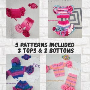 Op de afbeelding: Een verzameling handgemaakte gehaakte babyoutfits in verschillende kleuren, waaronder roze, blauw en paars. De afbeelding toont tops, broekjes en haarbanden met bloemaccenten. Tekst op de afbeelding luidt "5 PATTERNS INCLUDED 3 TOPS & 2 BOTTOMS".