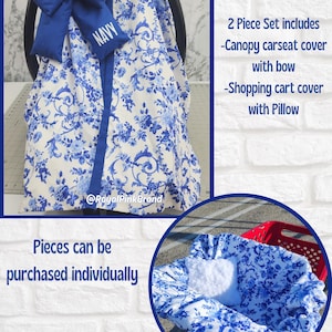 May include: A two-piece baby set featuring a canopy car seat cover and a shopping cart cover. The covers display a blue floral pattern on a white backdrop. A large navy blue bow and the word "NAVY" are also visible.