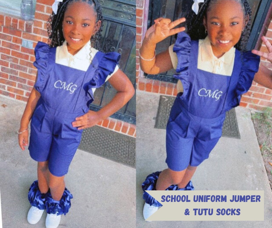 School Uniform Jumper Ruffled Shorts Romper Satin Tutu Socks Ruffle socks Embroidered Name initial