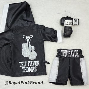 TRI Color Baby Boxer Outfit Complete Set. Personalized Newborn Boxing Gloves, Boxing Robe, Boxing Shorts, Boxing Trunks Black/ White Trim