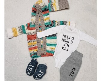 Welcome Home Outfit baby boy, Crochet Sweater set, baby boy outfit, coming home outfit, Hello World.