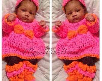 Crochet Dress,  Crochet Ruffled Bucket Hat, Crochet Baby Booties, Complete Set, Crochet Outfit, Headband, knit outfit