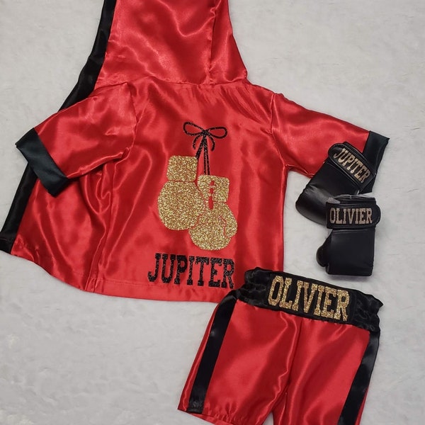 Baby Boxer Outfit with Wearable Custom Gloves, Jacket, and Shorts - custom made boxing robe, hooded robe, monogrammed gift, boxing trunks,