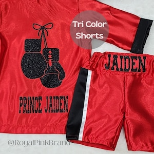 TRI Color Baby Boxer Outfit with Wearable Custom Gloves, Jacket, and Shorts - custom made boxing robe, hooded robe, gift, boxing trunks,