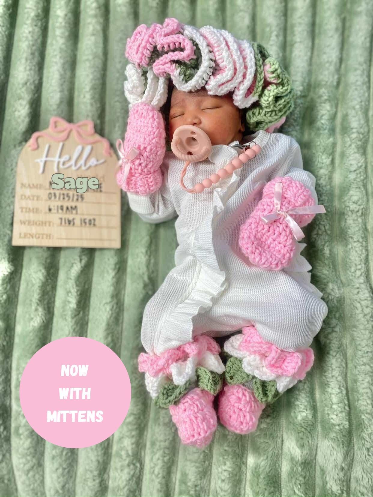 Crochet Ruffled Hat, Baby Booties and Mittens Set, Ruffled Bucket Hat, Crochet Booties Crochet Mittens