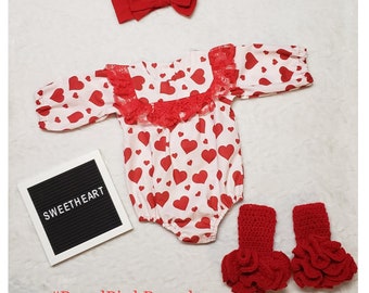 Baby Girl Valentine's Day Outfit Romper, Legwarmers, and headband set Valentines day photo outfit Baby Girl Valentines Day