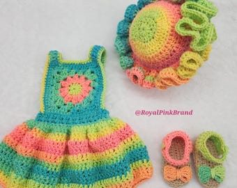 Baby Girl Sunflower Crochet Outfit: Crochet Dress,  Headband, and Sandals