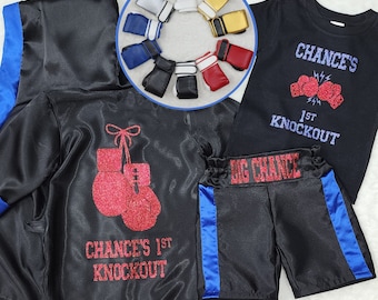 Boxing Outfit- Birthday Set - Boxing Robe, Custom Shirt, Boxing Birthday Outfit, Monogrammed Boxer set, Small Boxing Gloves, hooded robe,