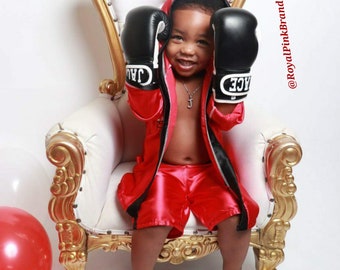 Baby Boxer Outfit with Wearable Custom Gloves, Jacket, and Shorts - custom made boxing robe, hooded robe, monogrammed gift, boxing trunks,